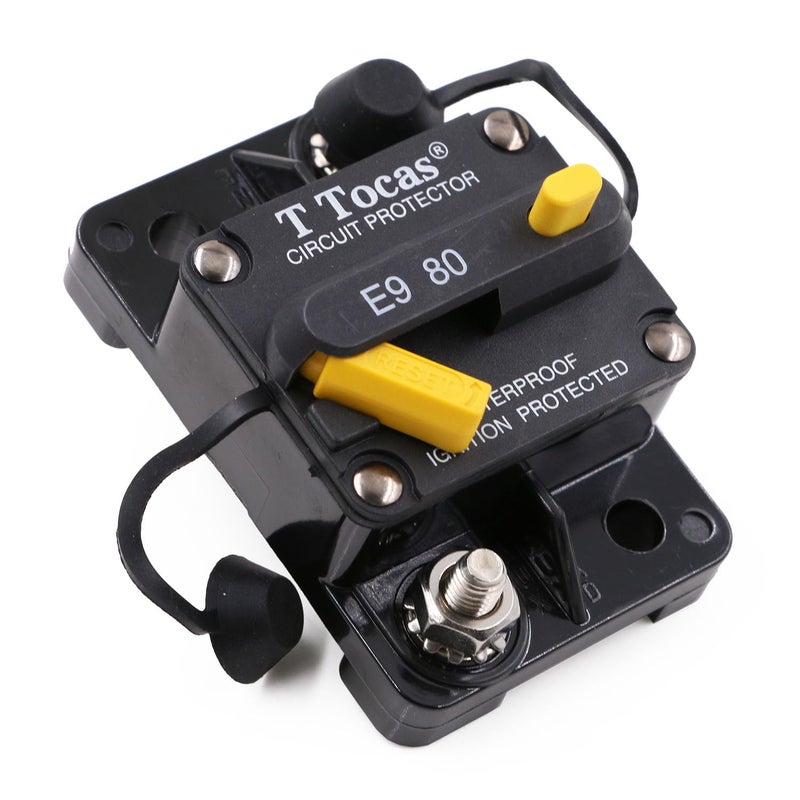 T Tocas T3 Surface-Mount 80 Amp Circuit Breaker with Manual Reset Switch Button, 12V - 48V DC, Waterproof 80A - Image 1